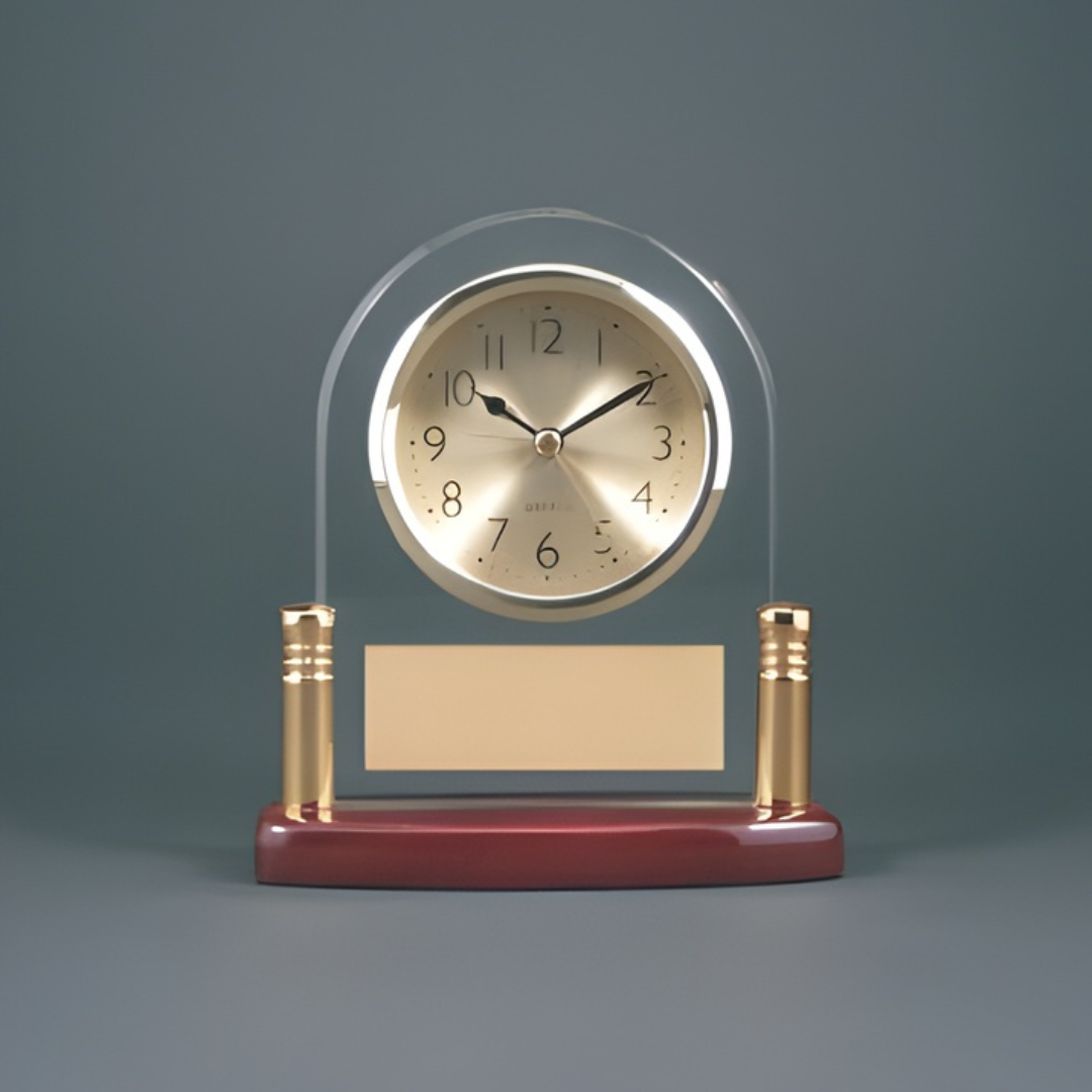 Arch Glass Desk Clock Rosewood Piano Finish Stand Up Award