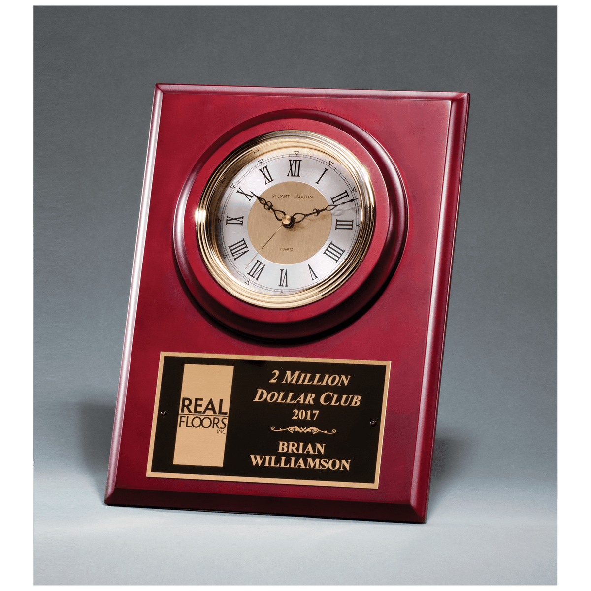 Cherry Finish Clock with 3 Hand Movement, Shelf Stand or Wall Mount