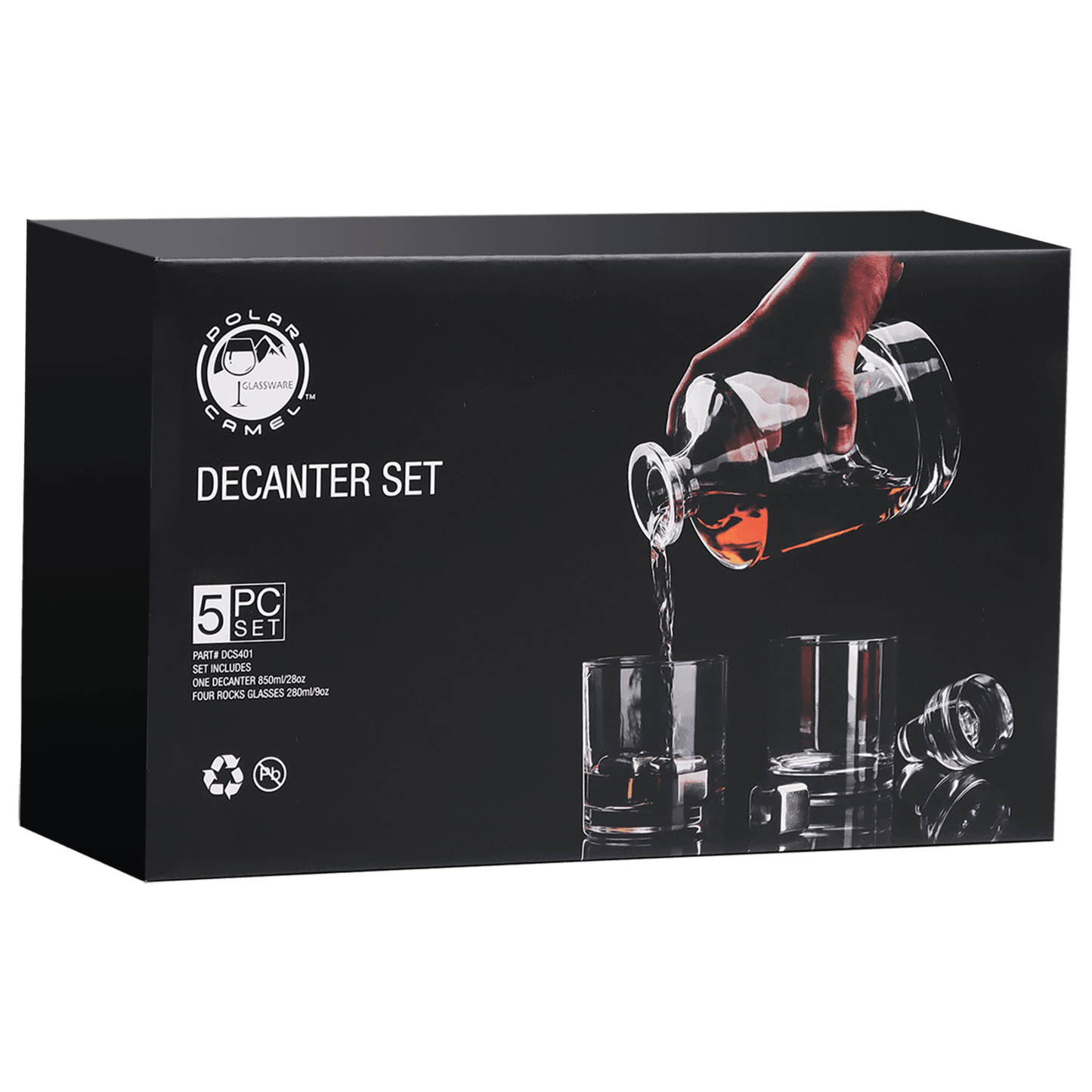 Round Glass 850 mL Decanter Set with Four 9 oz. Rocks Glasses