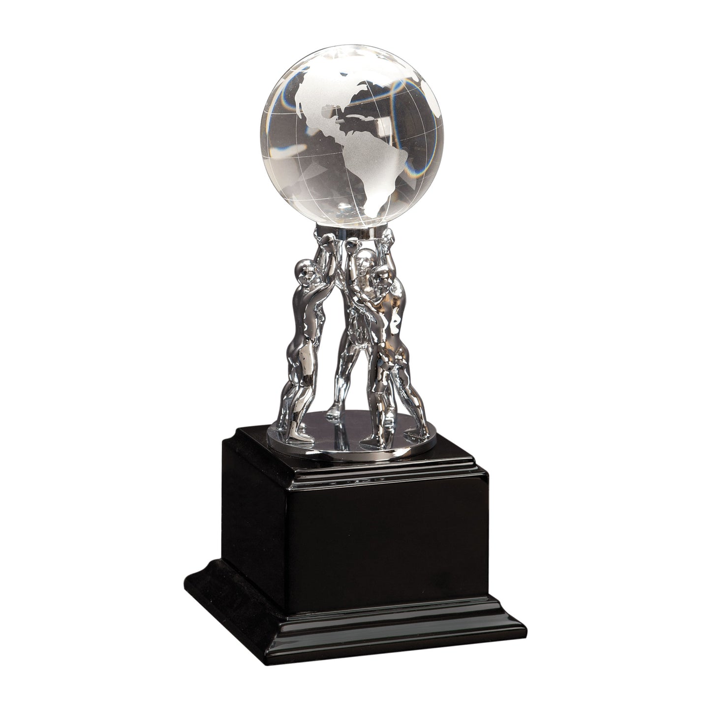 Clear Crystal Globe with Silver Men Standing on Black Piano Finish Base