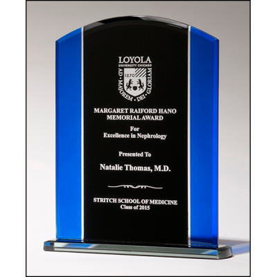 Premium Series Clear Glass Award with Blue and Black Design