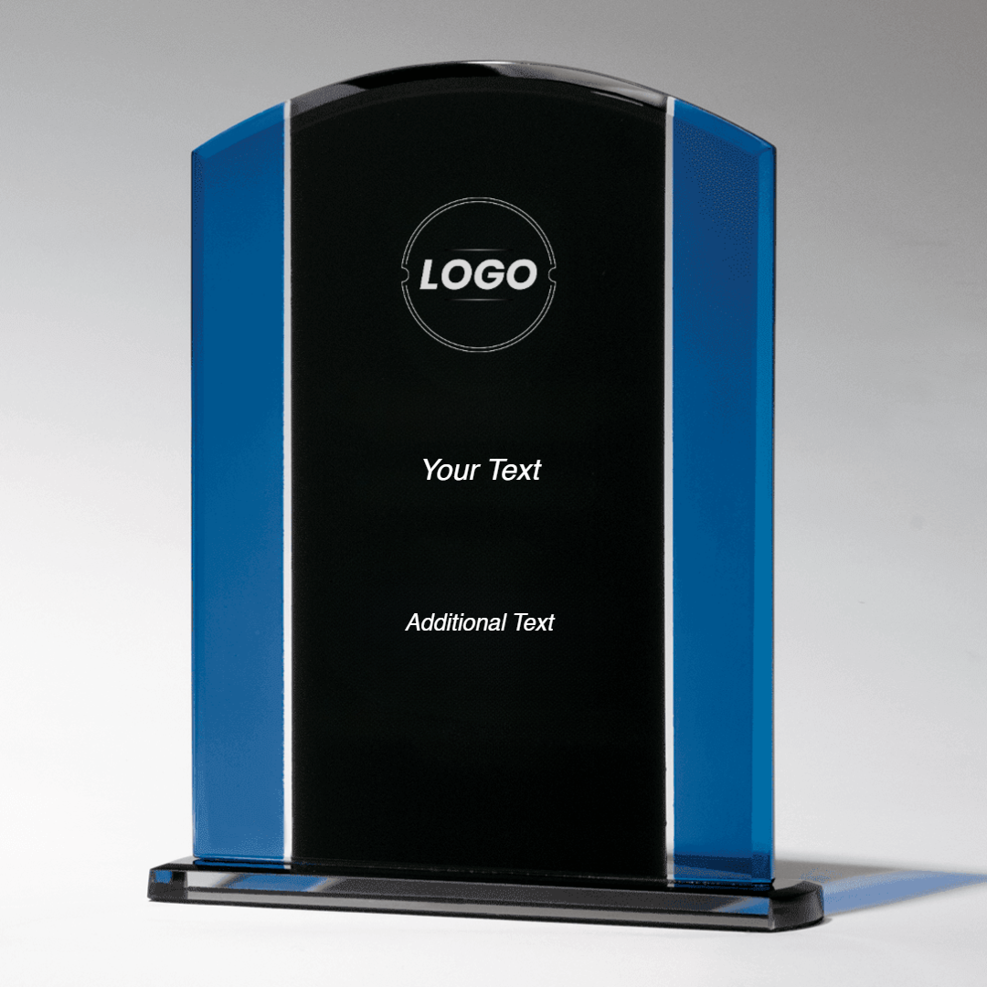 Premium Series Clear Glass Award with Blue and Black Design