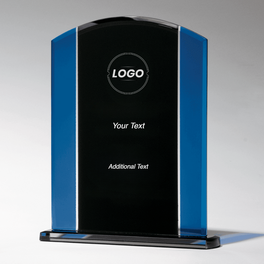 Premium Series Clear Glass Award with Blue and Black Design