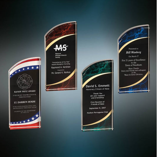 A0124 Blue, Red, Green Marble or Stars & Stripes Rounded Stand Up Acrylic Executive Achievement Corporate Plaque Laser Engraved American Flag Award