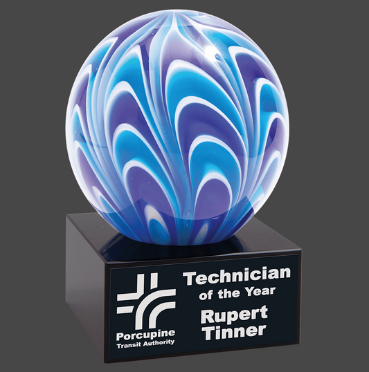 Blue & White Two-Tone Sphere Art Glass Stand Up Award
