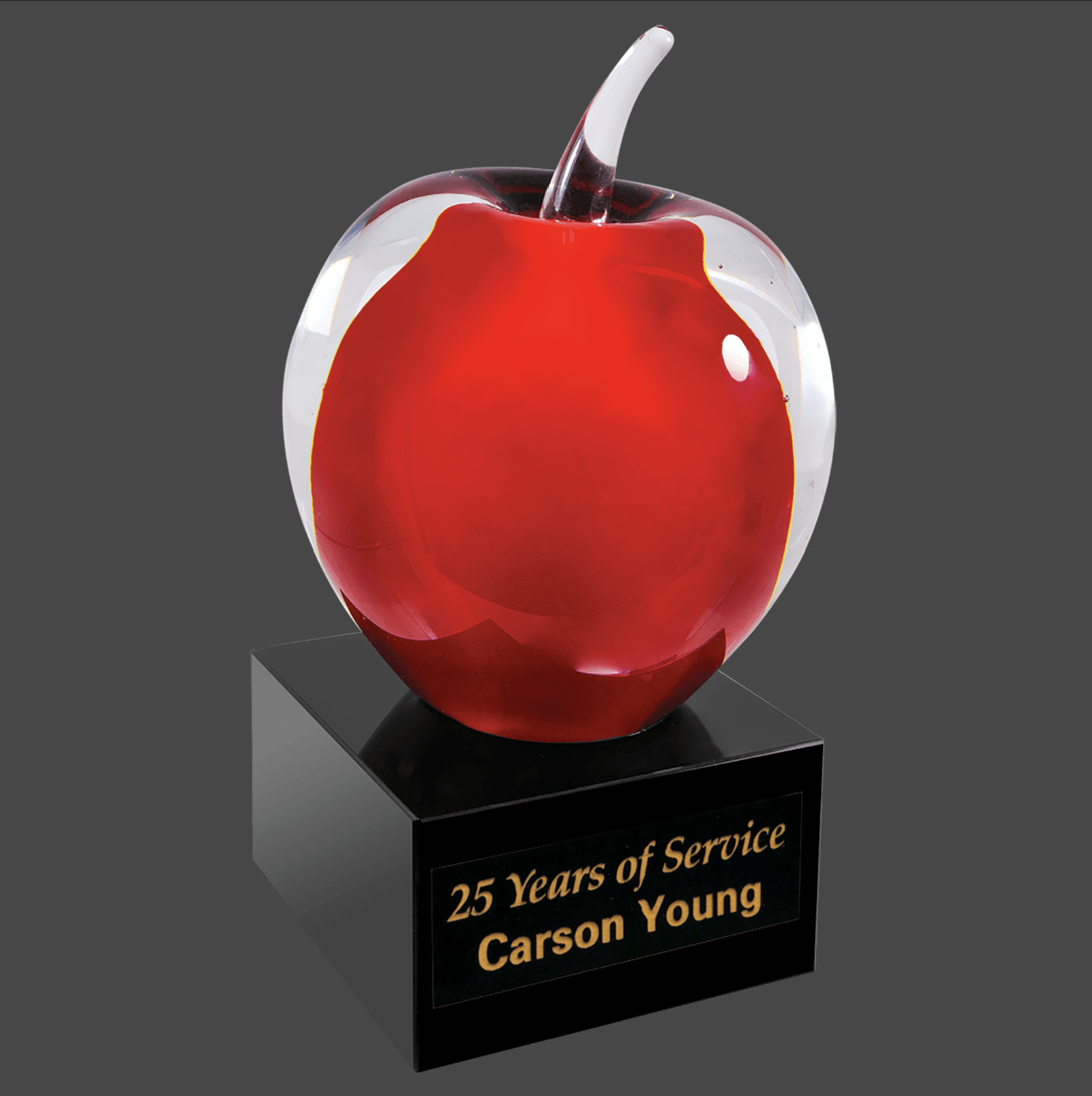 Red and Clear Art Glass Apple with Black Base Stand Up Award