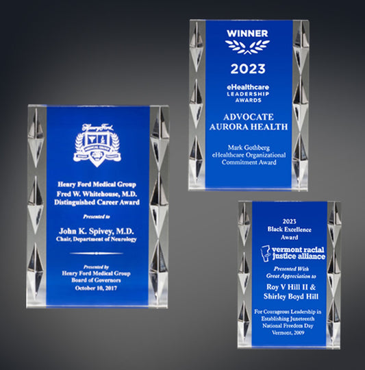 Acrylic Stand Up Award with Blue Background and Jewel Accents