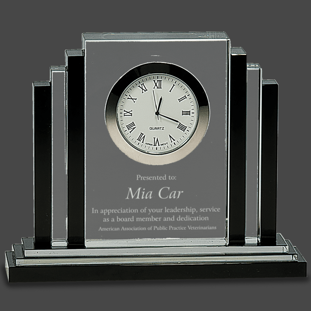 Clear Crystal Clock with Black Crystal Trim Stand Up Award