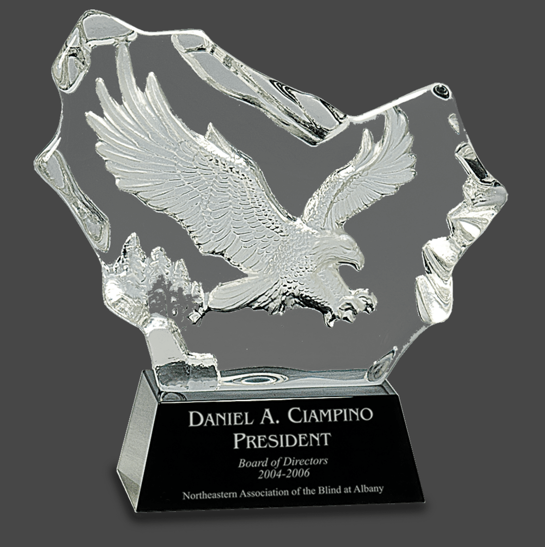 Crystal Carved Eagle on Black Base Art Glass Stand Up Award