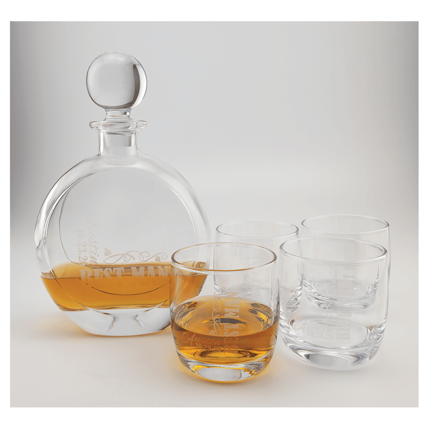 750 mL Flat Round Glass Decanter Set with Four 10 oz. Rocks Glasses