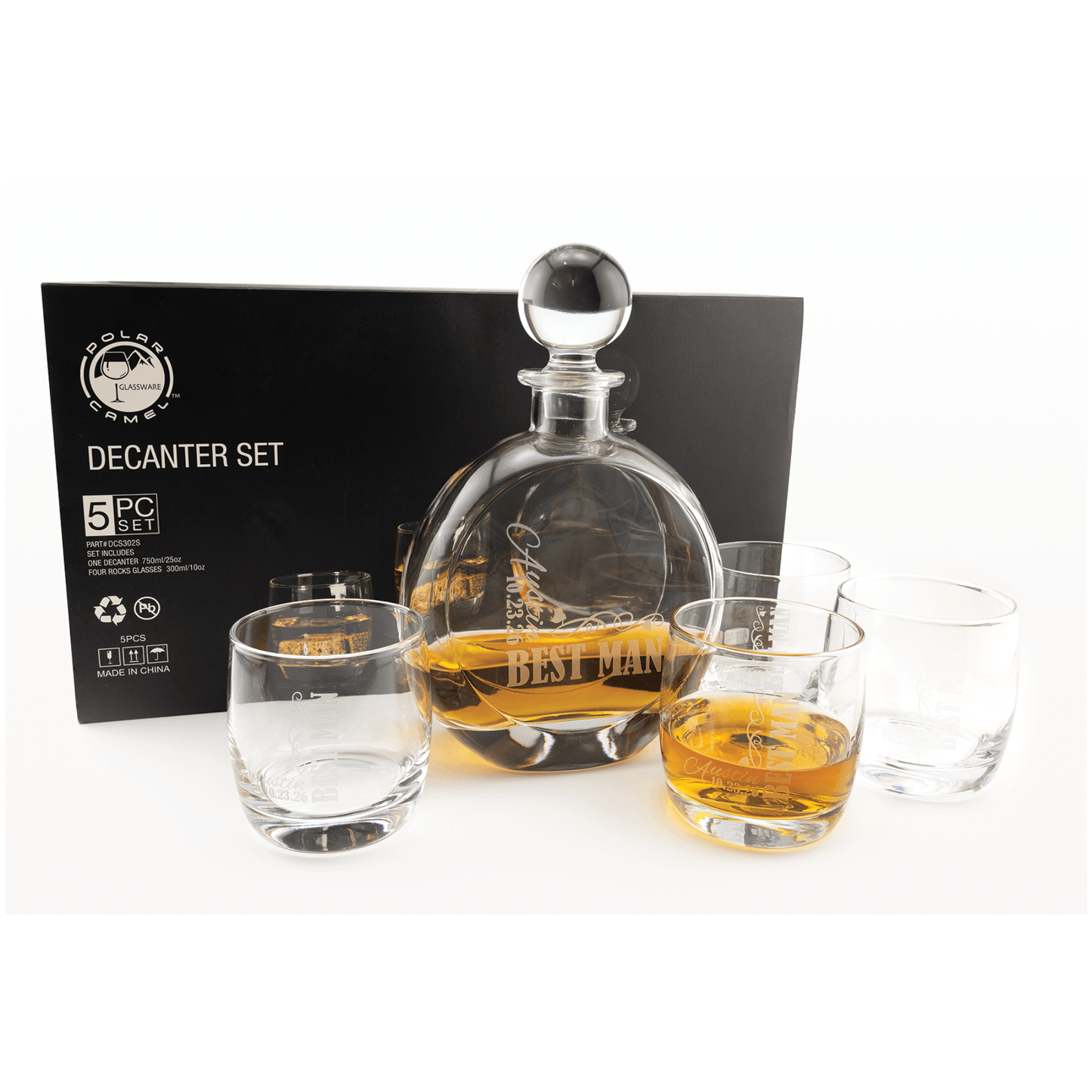 750 mL Flat Round Glass Decanter Set with Four 10 oz. Rocks Glasses