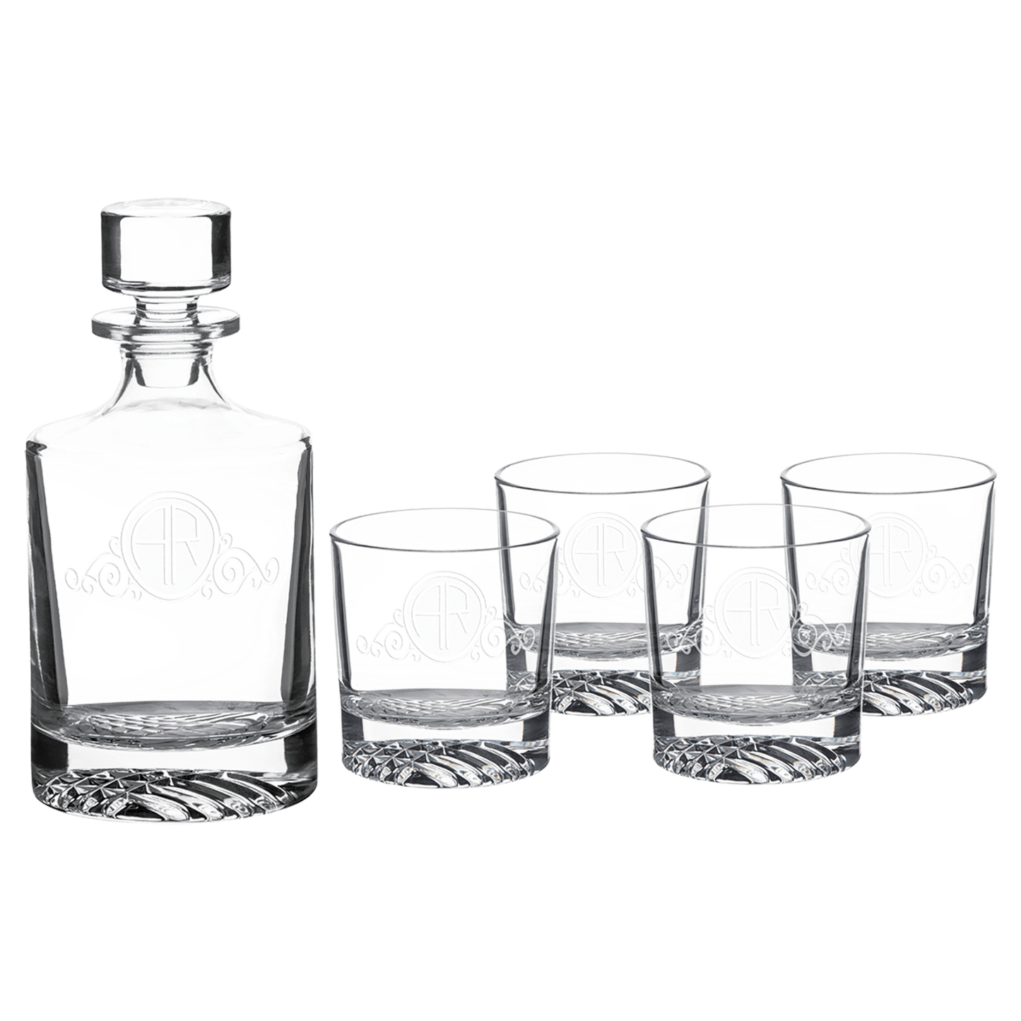 Round Glass 850 mL Decanter Set with Four 9 oz. Rocks Glasses