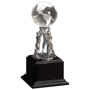 EX001 - 10" Clear Crystal Globe with Silver Men/Stand on Black Piano Finish Base Executive Corporate Award