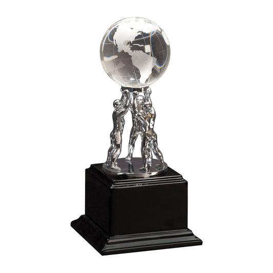 Clear Crystal Globe with Silver Men/Stand on Black Piano Finish Base 10"