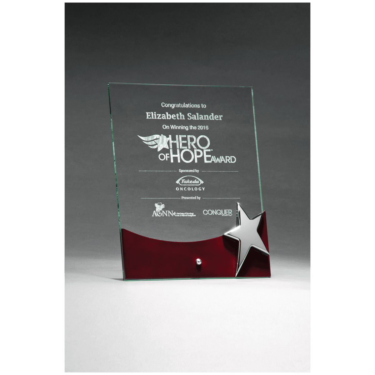Freestanding Glass Award with High Gloss Rosewood Accent and Silver Star