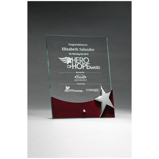Freestanding Glass Award with High Gloss Rosewood Accent and Silver Star