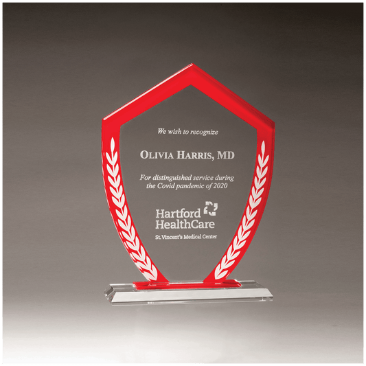 Shield Shaped Glass Award with Red Border and White Laurel Leaves