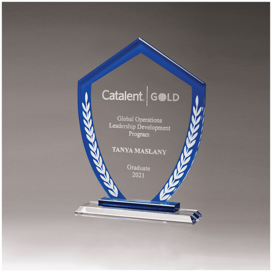 Shield Shaped Glass Award with Blue Border and White Laurel Leaves