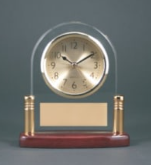 Arch Glass Desk Clock Rosewood Piano Finish Stand Up Award